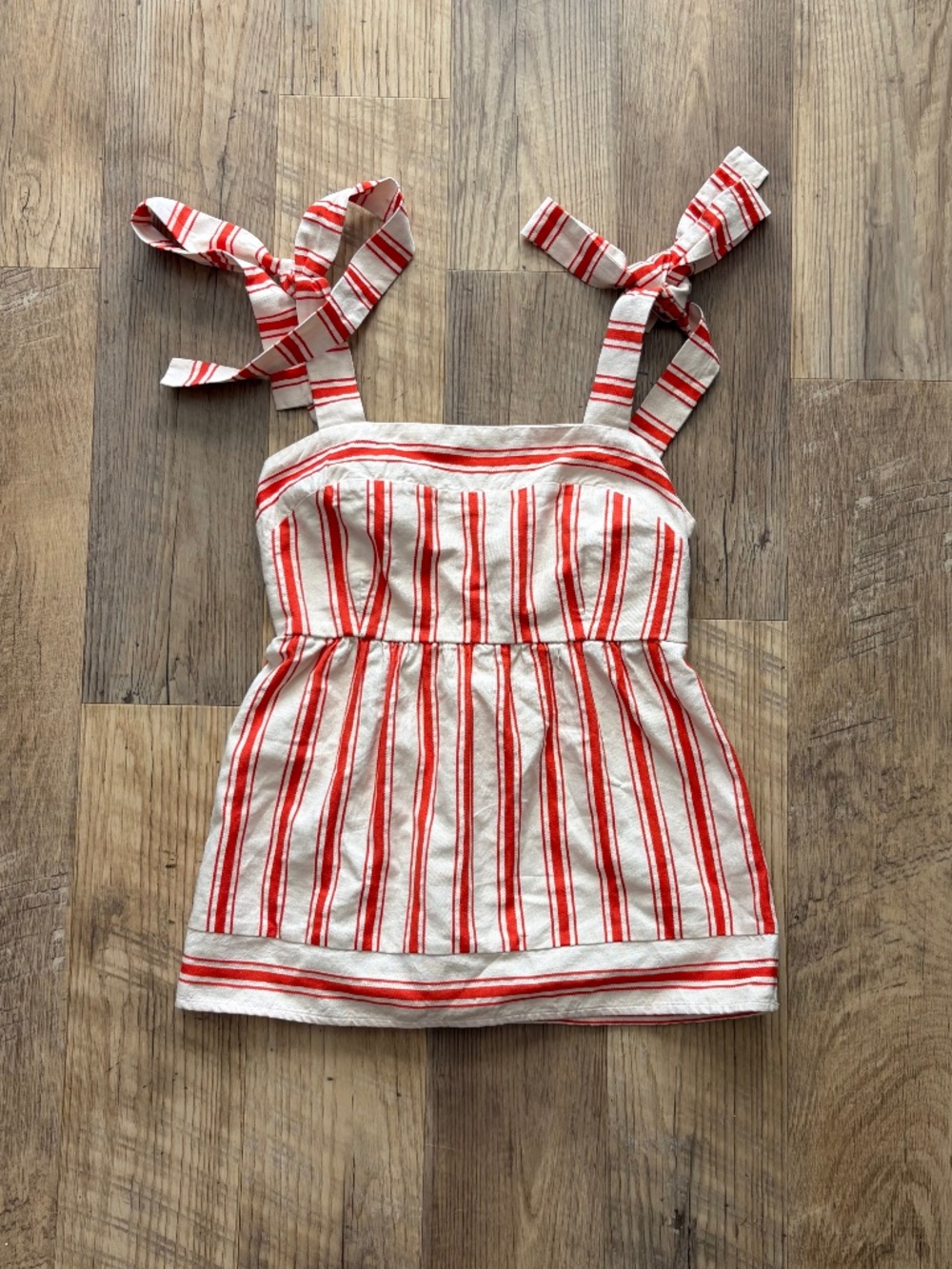 Cabi Brunch Top  Coral Off White Stripe Linen Cotton Blend Top